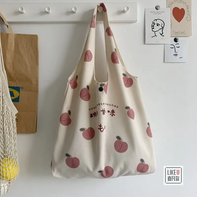 Peach Print Eco Shoulder Bag for School Girls and Women