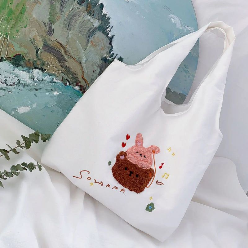 Embroidered Canvas Tote Bag for Women - Reusable Shopping Beach Bag