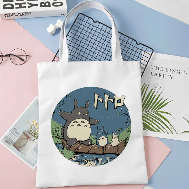 Totoro Print Canvas Tote Bag Harajuku Reusable Shopper Handbag
