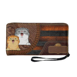 Cat Leather Purse Clutch Wallet Zip Around Cash Holder for Women