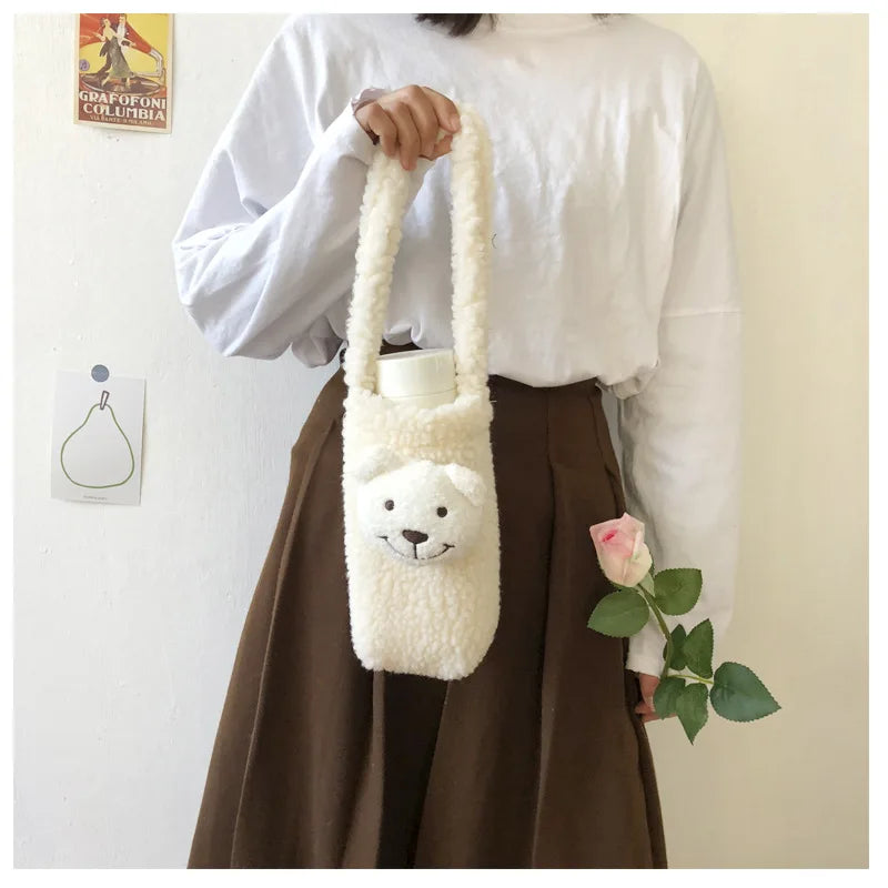 Plush Shoulder Bag Portable Water Cup Soft Bucket Handbag