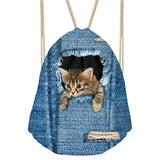 3D Animal Denim Cat Dog Drawstring Bag School Backpack