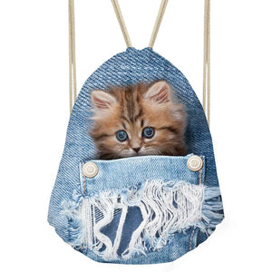 3D Animal Denim Cat Dog Drawstring Bag School Backpack
