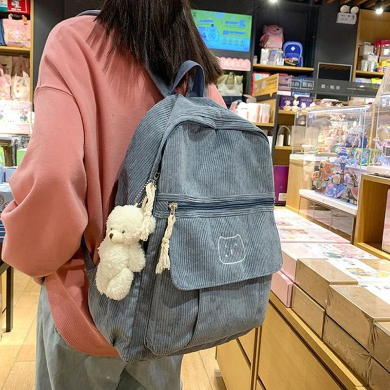 D0LF Corduroy Women Backpack Solid Female Student Schoolbag for Teenage Girl