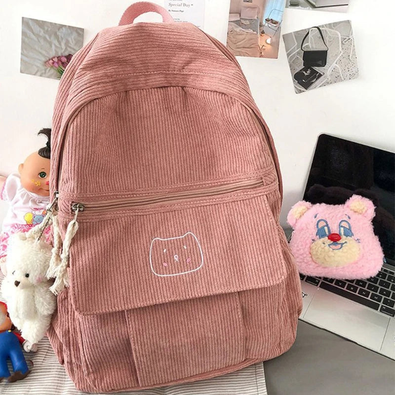 D0LF Corduroy Women Backpack Solid Female Student Schoolbag for Teenage Girl