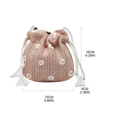 D0LF Flower Straw Bag Drawstring Bucket Bag Woven Shoulder Bag