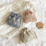 D0LF Flower Straw Bag Drawstring Bucket Bag Woven Shoulder Bag