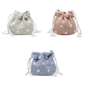D0LF Flower Straw Bag Drawstring Bucket Bag Woven Shoulder Bag