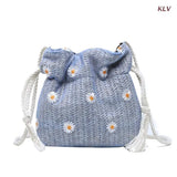 D0LF Flower Straw Bag Drawstring Bucket Bag Woven Shoulder Bag