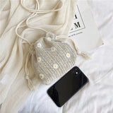 D0LF Flower Straw Bag Drawstring Bucket Bag Woven Shoulder Bag