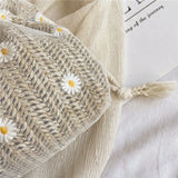 D0LF Flower Straw Bag Drawstring Bucket Bag Woven Shoulder Bag