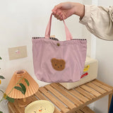 D0LF Cute Bear Lunch Bag Plaid School Bag for Girls