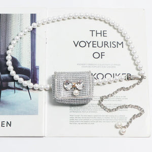 Pearl Chain Fanny Pack for Women Lipstick Mini Bag Rhinestone Belt Bag