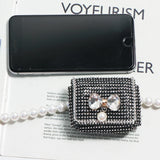 Pearl Chain Fanny Pack for Women Lipstick Mini Bag Rhinestone Belt Bag