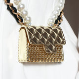 Metal Rhombic Crossbody Bag with Pearl Chain