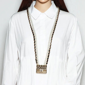 Metal Rhombic Crossbody Bag with Pearl Chain