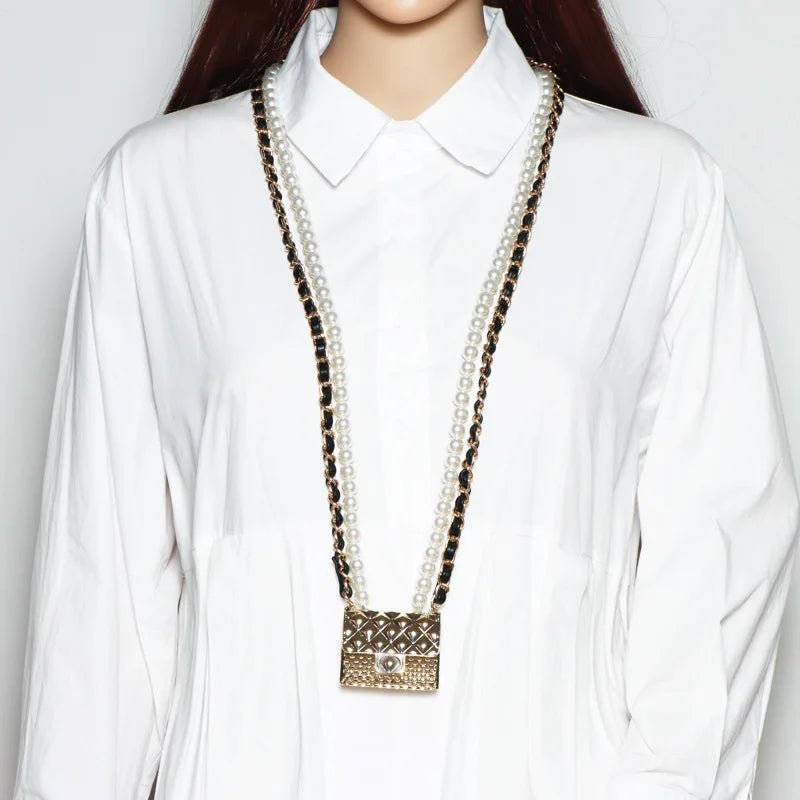 Metal Rhombic Crossbody Bag with Pearl Chain