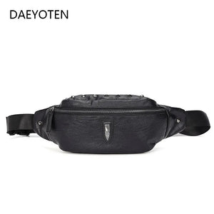 Men Rivet Waist Bag Chest Bag Unisex Fanny Pack Soft Leather Kidney Purse