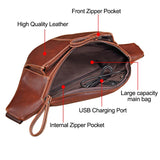 Crazy Horse Leather Waist Bag Men USB Charging Waist Travel Belt Large Capacity