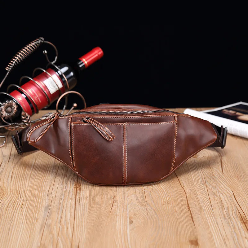 Crazy Horse Leather Waist Bag Men USB Charging Waist Travel Belt Large Capacity