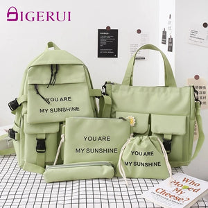 DIGERUI 5-Piece Set Schoolbags for Girls Women Canvas Travel Backpack