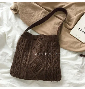 Female Woolen Knitted Braid Handbag Crochet Winter Shoulder Bag