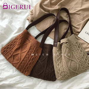 Female Woolen Knitted Braid Handbag Crochet Winter Shoulder Bag