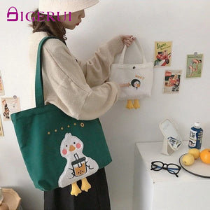 DIGERUI INS Duck Embroidery Canvas Tote Bag Large Shoulder Work Handbag