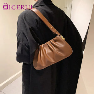 DIGERUI Retro PU Leather Small Shoulder Bag Winter Handbag Folds Crossbody Bag
