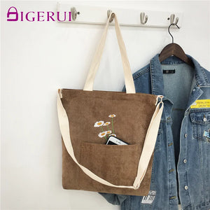 Women Corduroy Shoulder Bag Ladies Bag Foldable Shopping Bags Embroidery