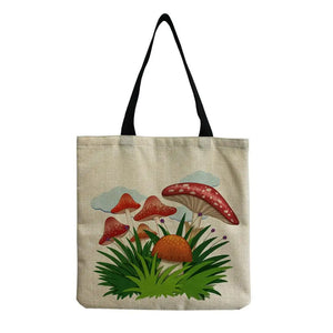 Colorful Mushroom Print Book Bag for Girls - ECO Friendly Linen Handbag
