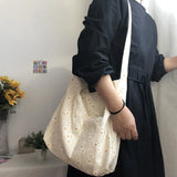 Daisy Embroidery Cotton Shoulder Bag Floral Handbag Tote Books Shopping Bag