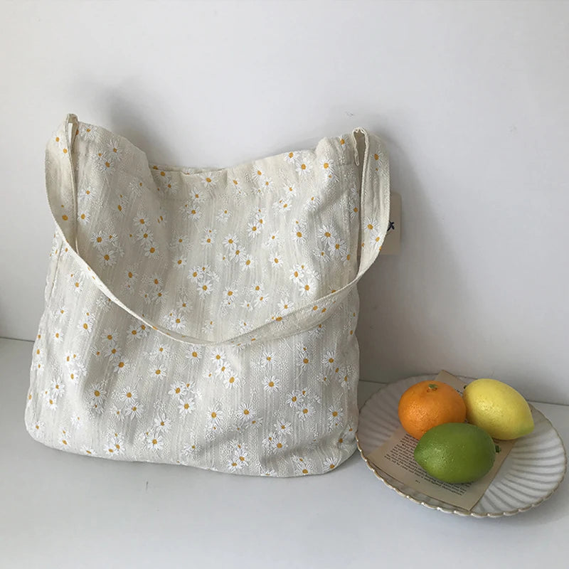 Daisy Embroidery Cotton Shoulder Bag Floral Handbag Tote Books Shopping Bag