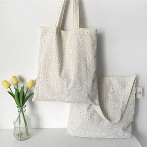 Daisy Embroidery Cotton Shoulder Bag Floral Handbag Tote Books Shopping Bag