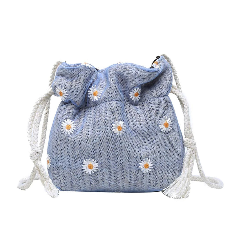 Daisy Straw Weave Shoulder Bag Summer Mesh Bucket Crossbody Handbags