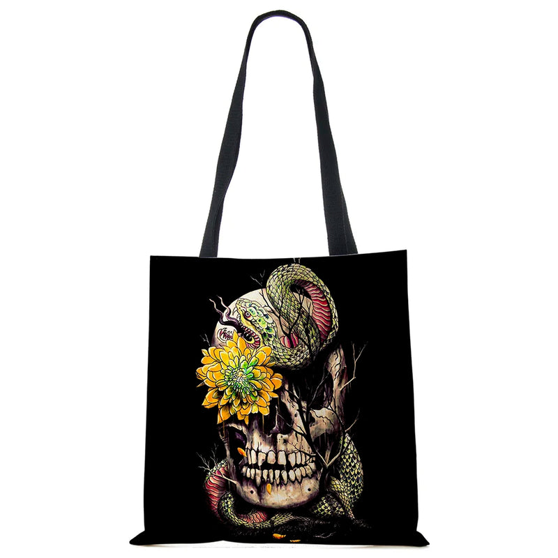 Dark Skull Print Linen Tote Handbag Eco Reusable Bags For Women Traveling School