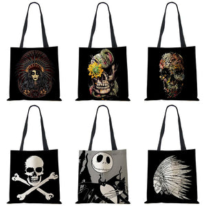 Dark Skull Print Linen Tote Handbag Eco Reusable Bags For Women Traveling School