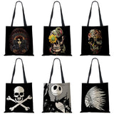 Dark Skull Print Linen Tote Handbag Eco Reusable Bags For Women Traveling School