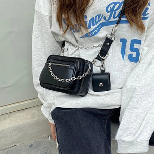 Gothic Mini Square Bag Women Leather Chains Chest Bags