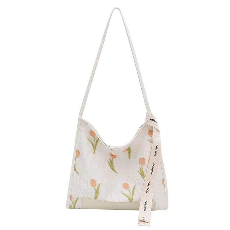 Large Tote Bag Tulip Flowers Embroidered Shoulder Handbag