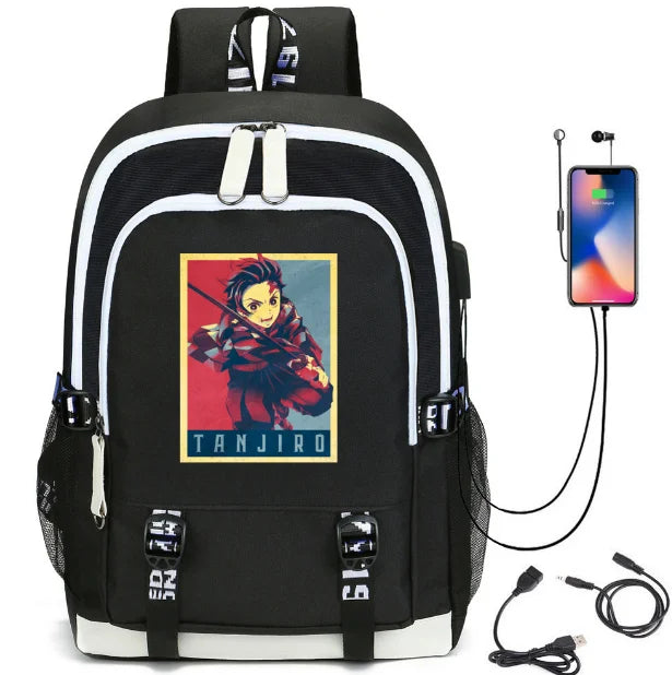 Demon Slayer Print USB Charging Teen Backpack School Bag
