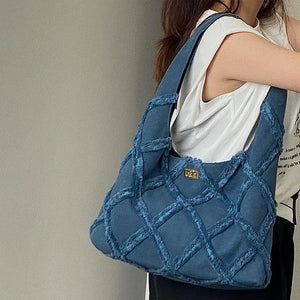 Denim Canvas Tassel Bag Women Large Capacity Shoulder Tote
