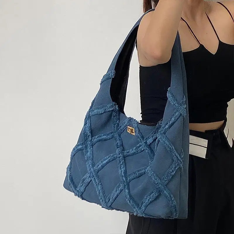 Denim Canvas Tassel Bag Women Large Capacity Shoulder Tote