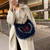Denim Crossbody Shoulder Bag Women Frayed Heart Butterfly Embroidered