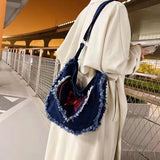 Denim Crossbody Shoulder Bag Women Frayed Heart Butterfly Embroidered