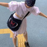 Denim Crossbody Shoulder Bag Women Frayed Heart Butterfly Embroidered