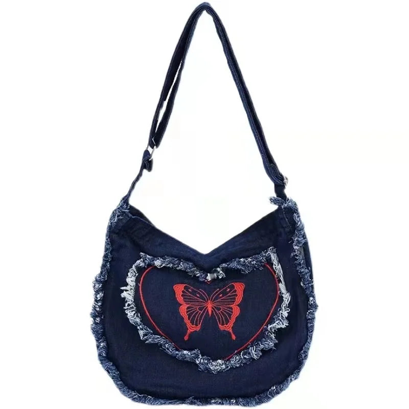 Denim Crossbody Shoulder Bag Women Frayed Heart Butterfly Embroidered