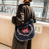 Denim Crossbody Shoulder Bag Women Frayed Heart Butterfly Embroidered
