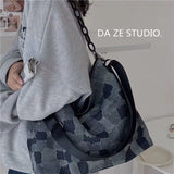 Denim Plaid Shoulder Bag Women Chain Zipper Hip-hop Vintage Retro