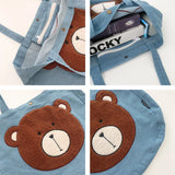 Women's Embroidered Bear Denim Shoulder Bag Large Capacity Casual Handbags